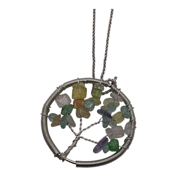 Tree Of Life Necklace With Natural Gemstones Rainbow Chain Circle Pendant - Picture 7 of 10